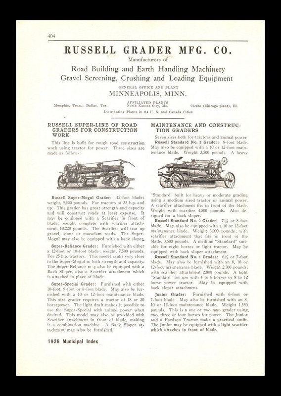 1926 Russell Grader Mfg.- Road construction--1920's ORIG. trade print ad w/photo