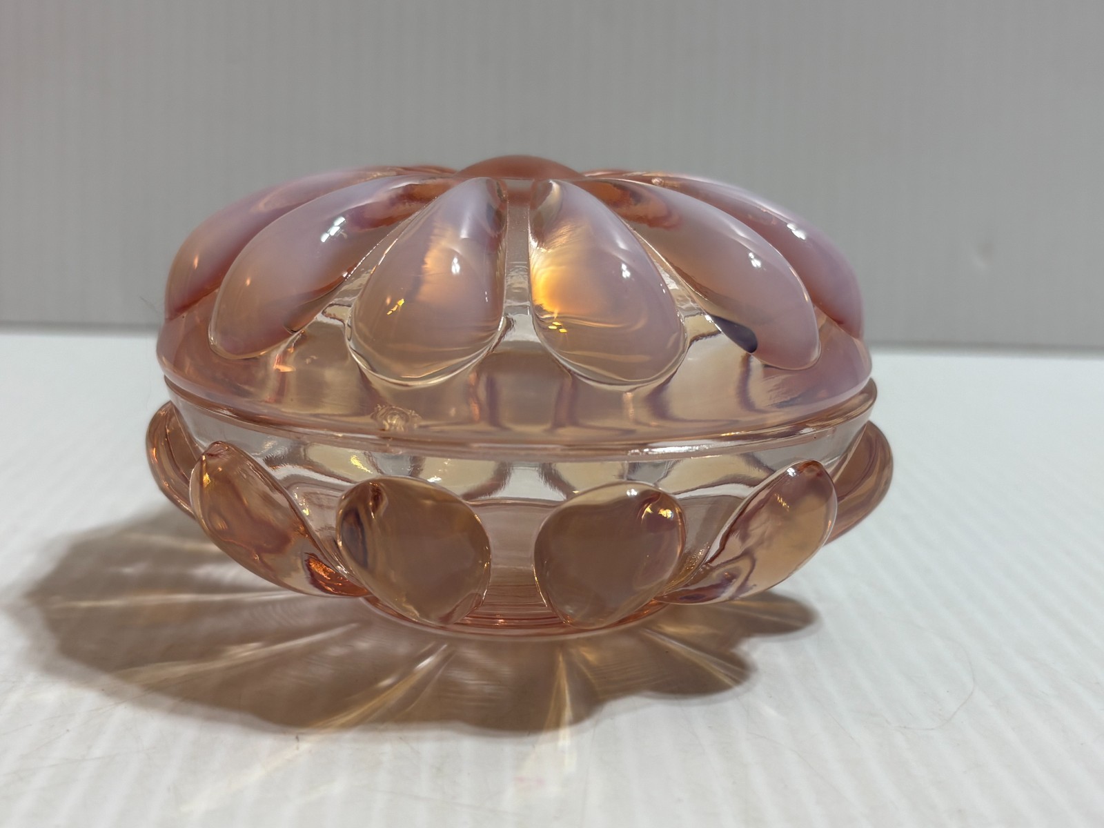 Vintage Pink Opalescent Fenton Signed Teardrop Glass Lidded Dish Powder Jar CHIP Vintage Pink Opalescent Fenton Signed Teardrop Glass Lidded Dish Powder Jar CHIP