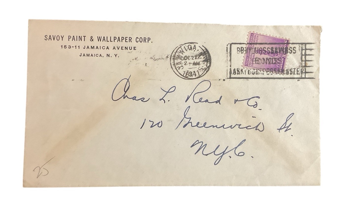 Savoy Paint Wallpaper Corp Jamaica NY New York 1941 Letterhead Envelope EA Savoy Paint Wallpaper Corp Jamaica NY New York 1941 Letterhead Envelope EA