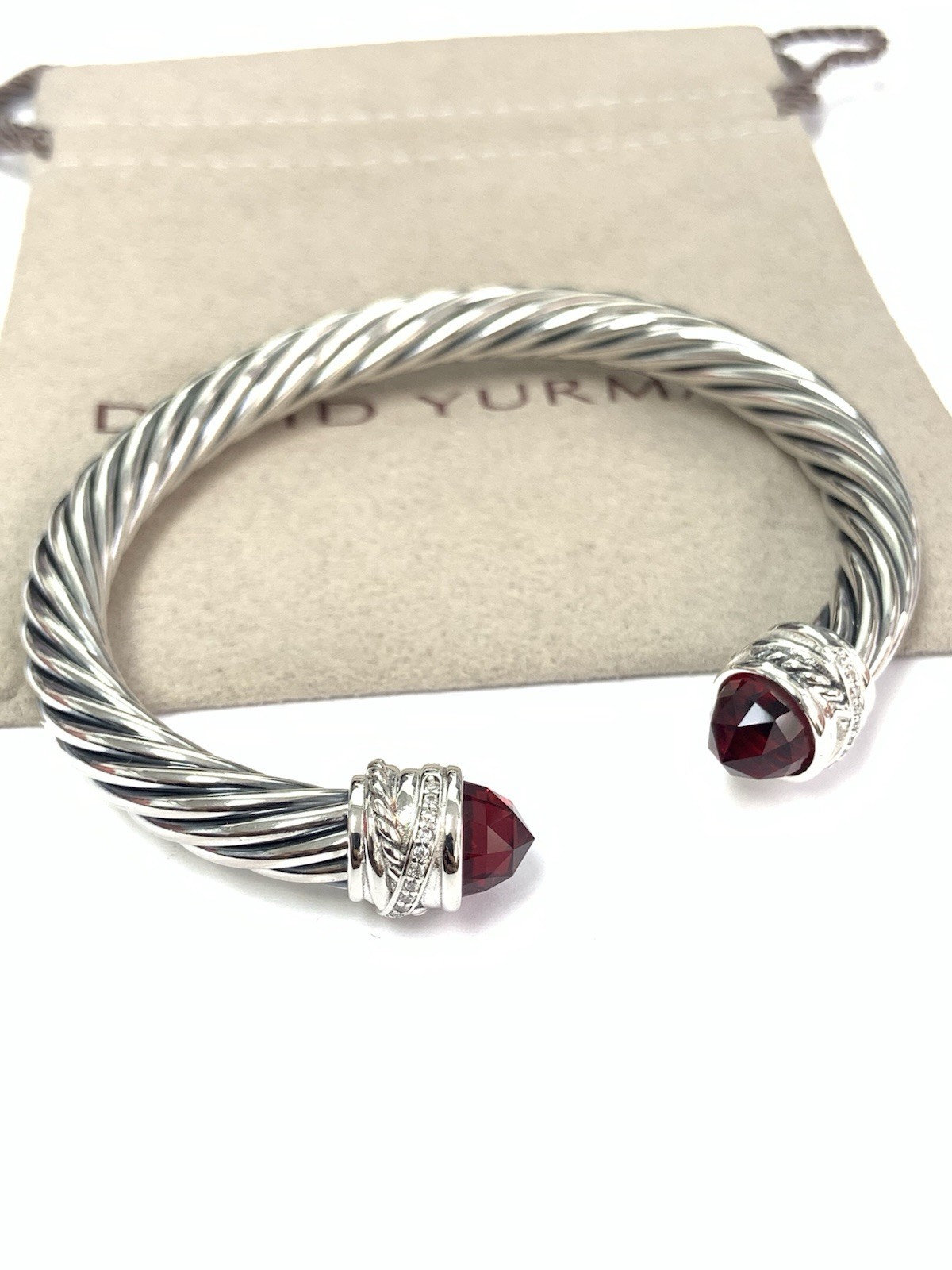 David Yurman 925 Silver 7mm Crossover Red Garnet & Diamond Cuff Bracelet David Yurman 925 Silver 7mm Crossover Red Garnet & Diamond Cuff Bracelet
