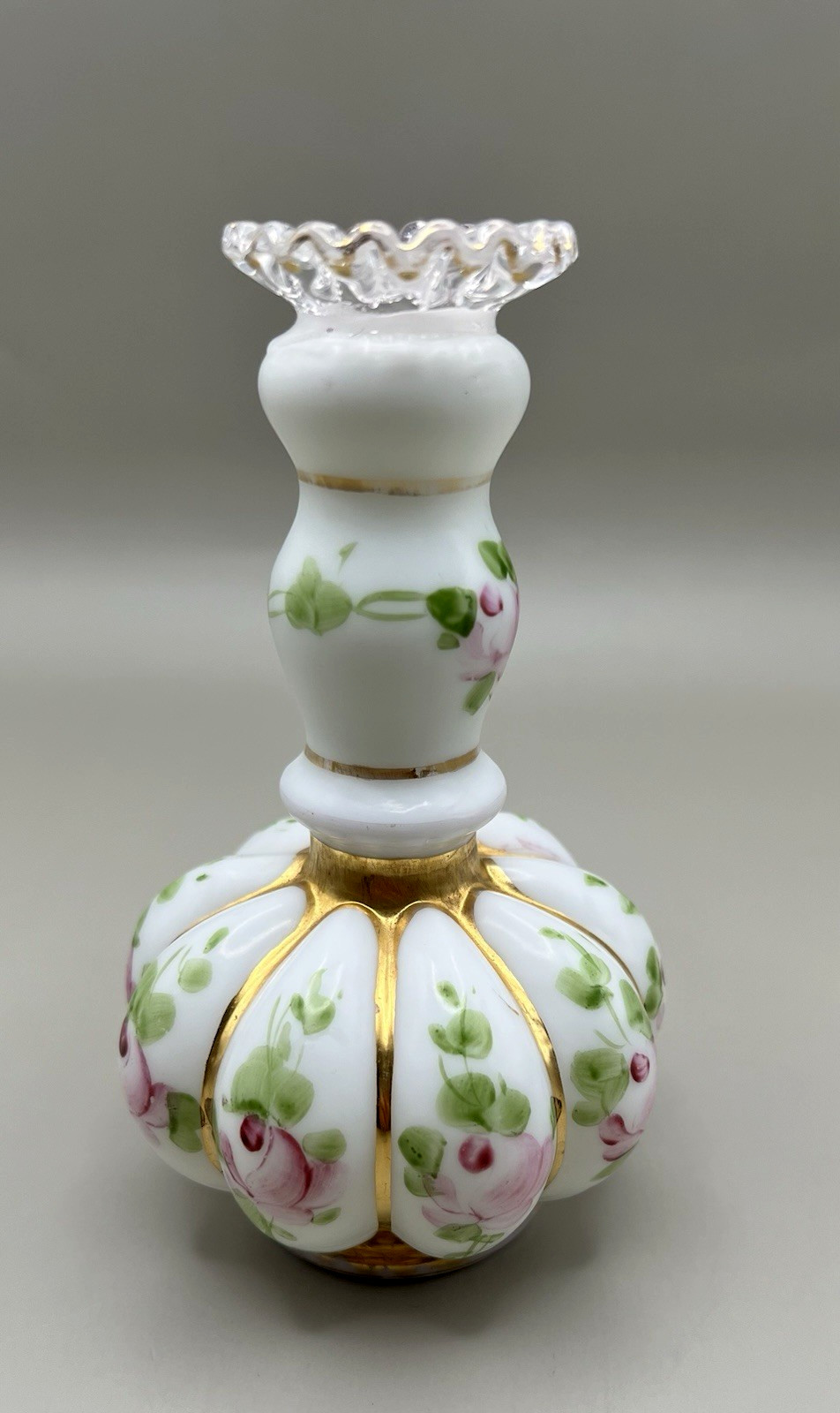 Vintage Fenton Charleton Hand-painted Vase/Bottle Roses/Floral Gold Trim 5.5” Vintage Fenton Charleton Hand-painted Vase/Bottle Roses/Floral Gold Trim 5.5”