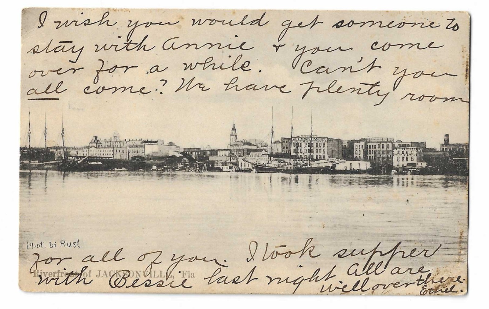 1907 jacksonville Florida postcard of RIVERFRONT,  photo by Rust, 1907 postmark