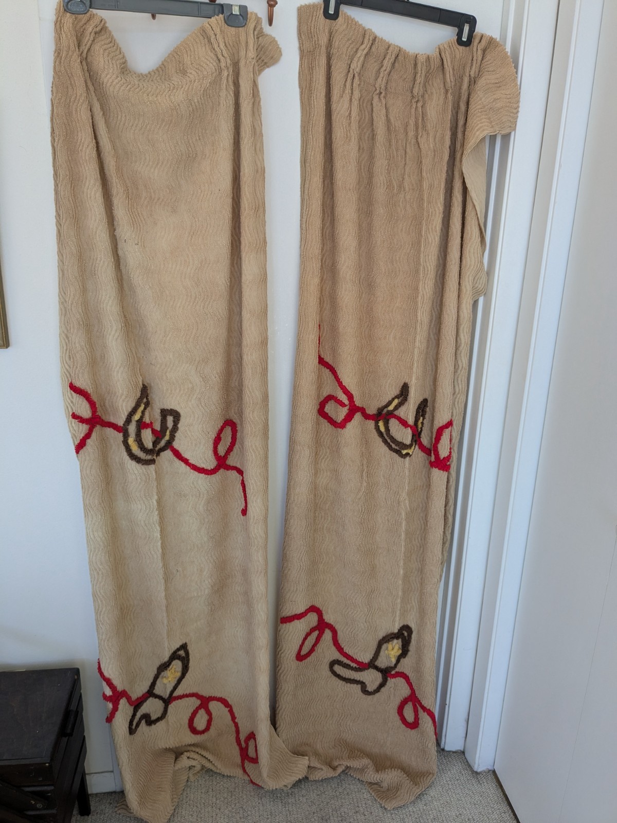 Rare Vintage 50's Chenille Curtains matching Western cowboy boot horseshoe theme Rare Vintage 50's Chenille Curtains matching Western cowboy boot horseshoe theme