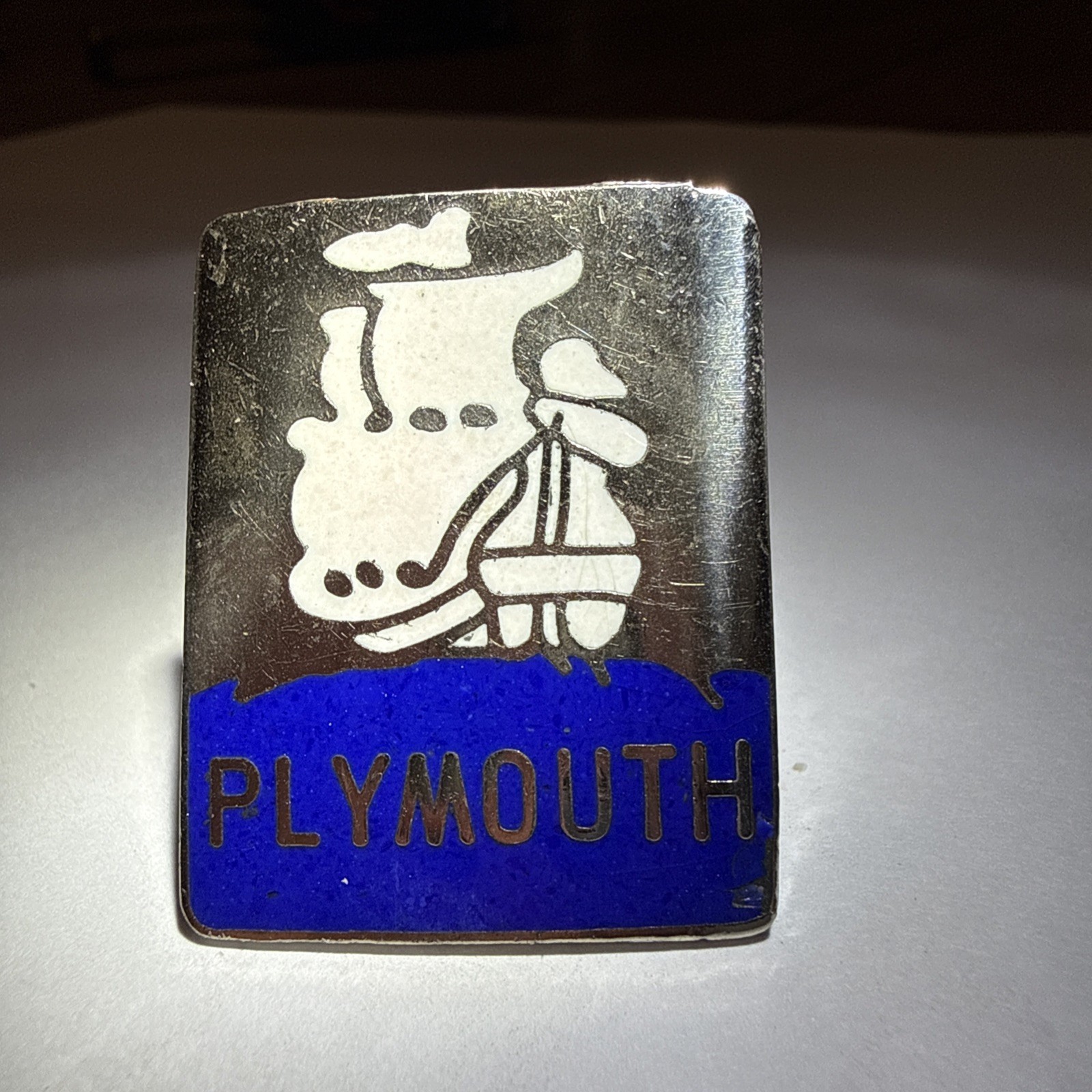 Very Rare 20’s 30’s RADIATOR EMBLEM PLYMOUTH MayFlower BLUE Enamel U.S.A.
