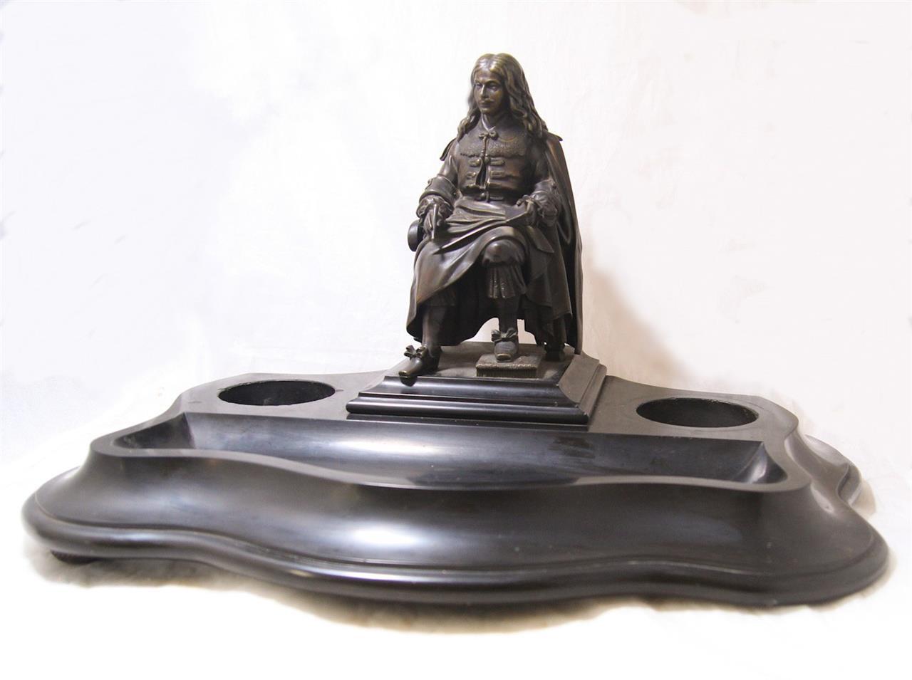Large Antique French Figural Bronze Writing Set w/Pierre Corneille Statue c1880s