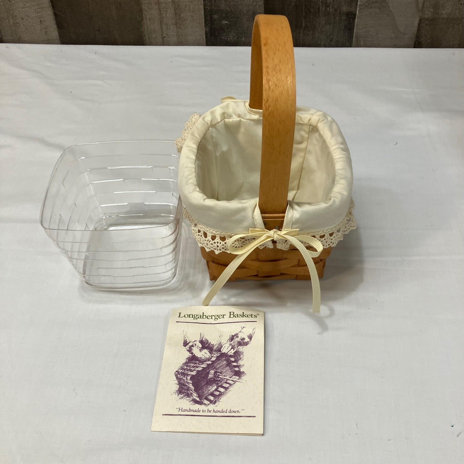 Longaberger 1993 Small Peg Basket 11452 Handwoven Wood Lace Liner & Protector
