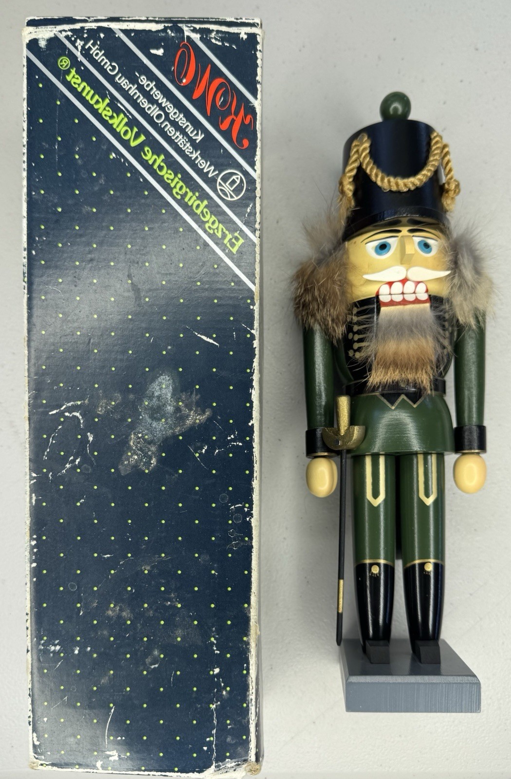 Vintage KWO German Wooden Nutcracker Danish Officer Green Gold 11.5\