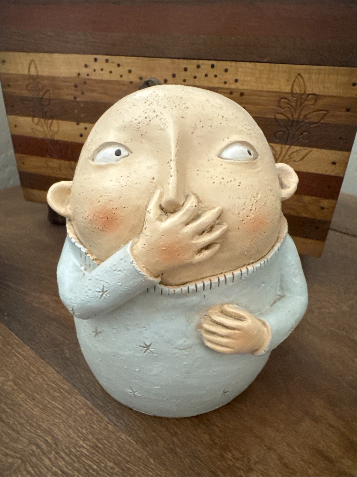 Whimsical Folk Art Resin Figurine Shy Character Blue Cream 5.5 Inch Sculpture