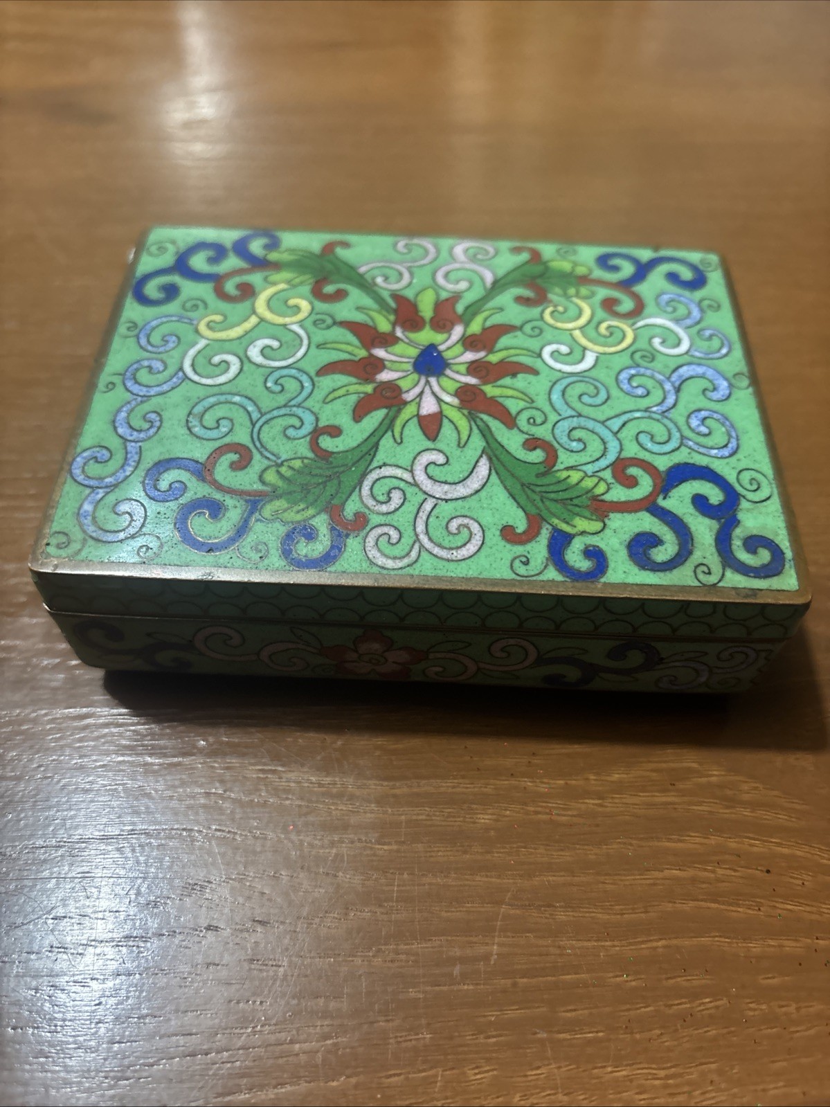 Chinese cloisonné trinket box wire/enamel design on copper hinged lid, ball feet Chinese cloisonné trinket box wire/enamel design on copper hinged lid, ball feet