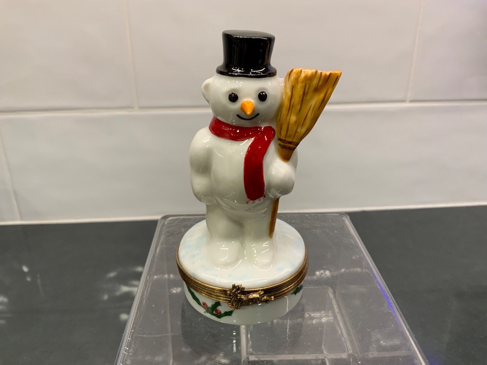 Vintage Limoges Snowman w/ a Carrot Nose, holding Broom 3.75\ Vintage Limoges Snowman w/ a Carrot Nose, holding Broom 3.75\