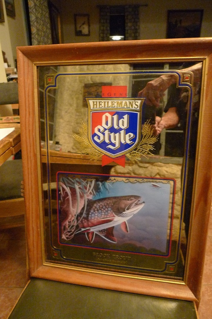 Vintage 1992 Heileman's Old Style Beer Mirrored Bar Sign with Brook Trout