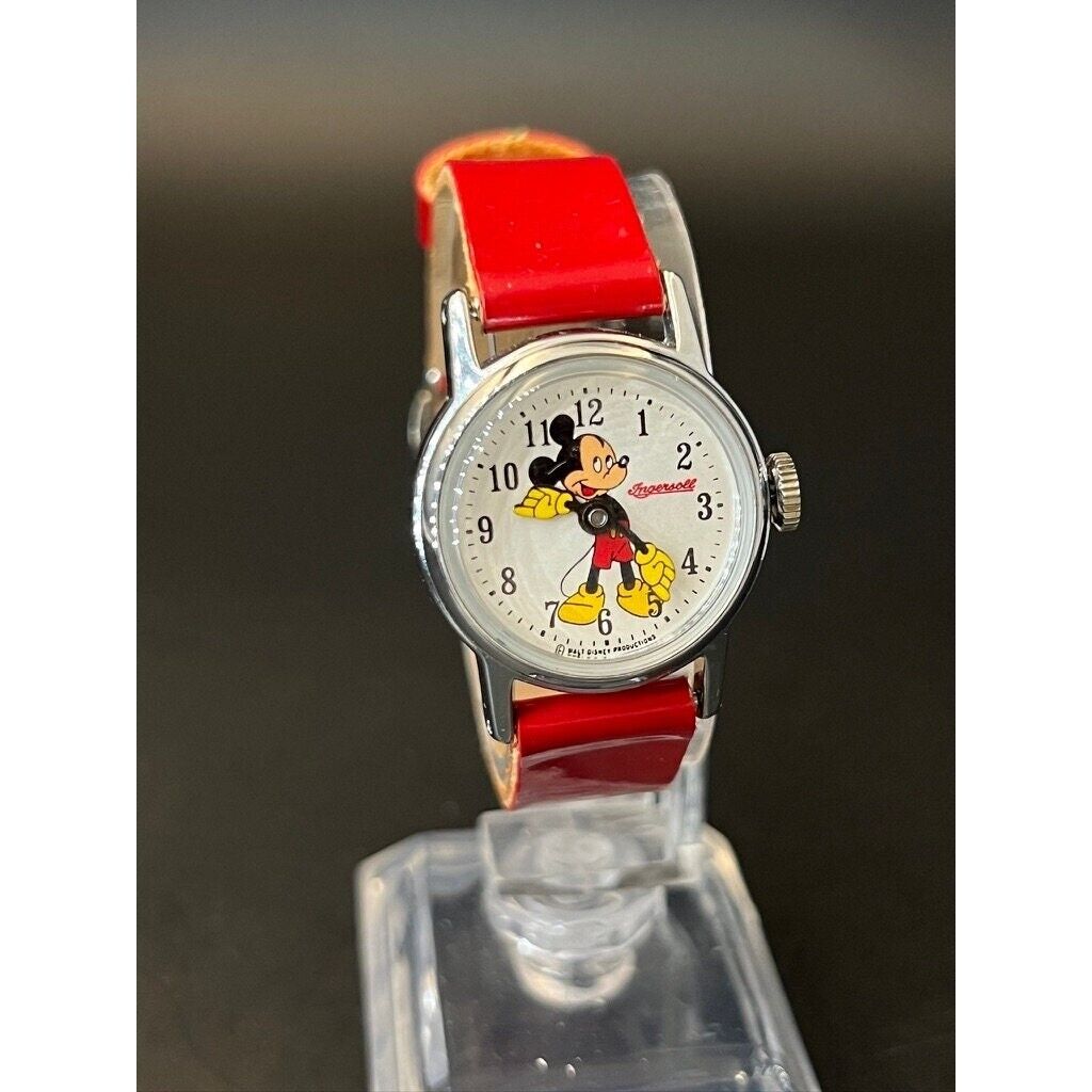 Vintage 1950s Ingersoll Mickey Mouse Watch, Mechanical, Red Strap, 26.3mm, Runs