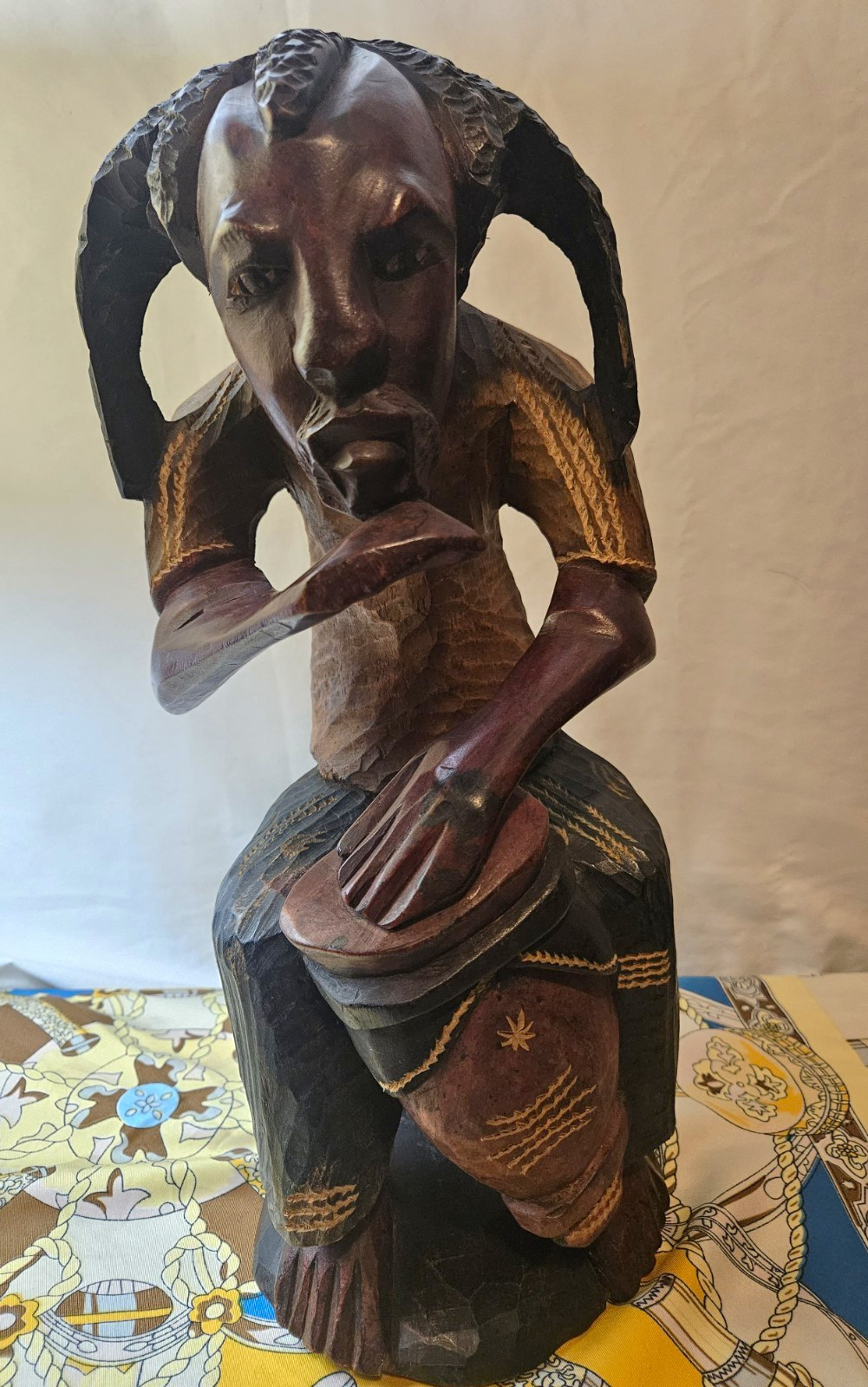 Vintage Hand Carved Wood Jamaican Drummer Statue Folk Art Rasta Sculpture 15in