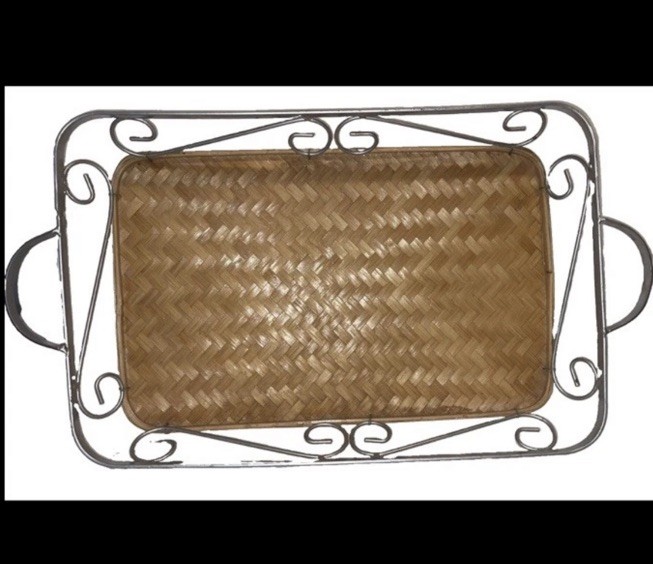24” x 13” pretty Vintage Serving Tray & Wicker Rattan Heavy Metal 24” x 13” pretty Vintage Serving Tray & Wicker Rattan Heavy Metal