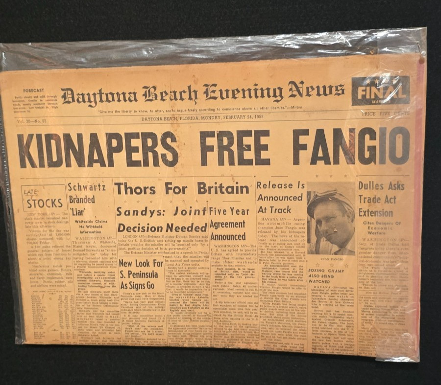 Vintage Feb 24, 1958 Daytona Beach Newspaper: Juan Manuel Fangio Rare Find Vintage Feb 24, 1958 Daytona Beach Newspaper: Juan Manuel Fangio Rare Find