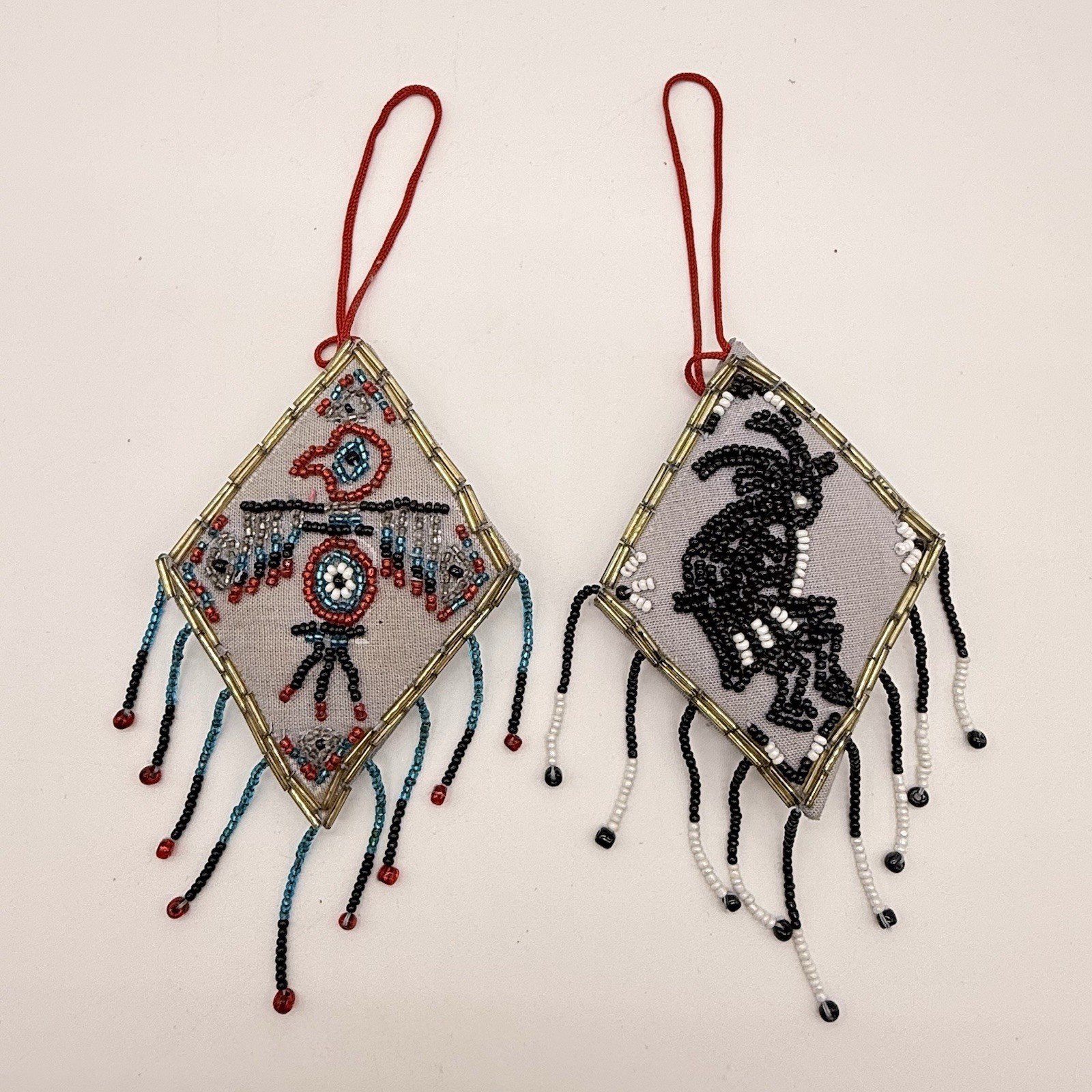 2 Vintage Native American Beadwork Thunderbird Kokopelli Design Pendant Ornament 2 Vintage Native American Beadwork Thunderbird Kokopelli Design Pendant Ornament