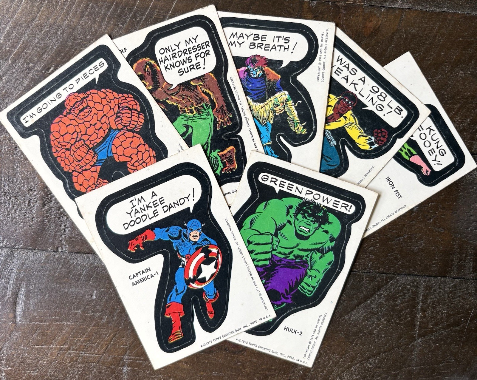 Lot (7) 1975 Topps vtg Marvel Super Heroes Stickers incl Captain America & Hulk Lot (7) 1975 Topps vtg Marvel Super Heroes Stickers incl Captain America & Hulk