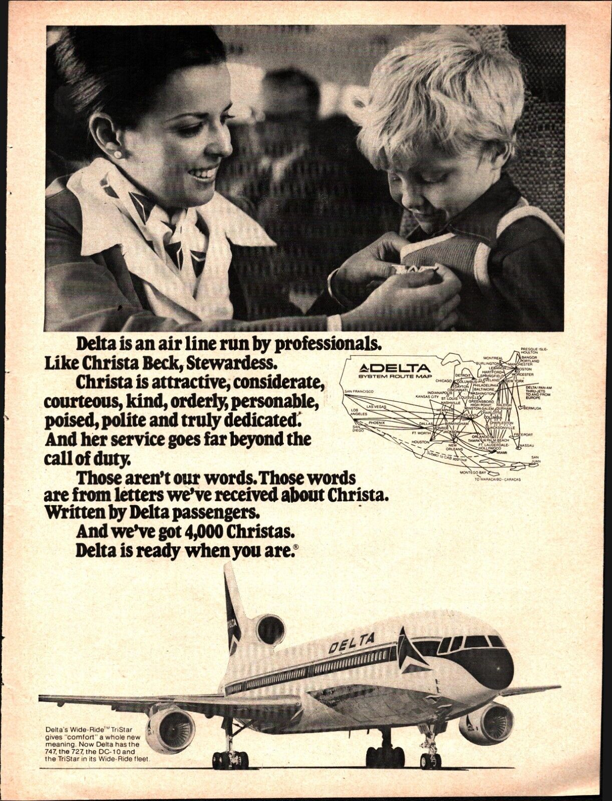 1974 Delta Airlines VTG 1970s 70s PRINT AD Christa Beck Stewardess Airplane e1