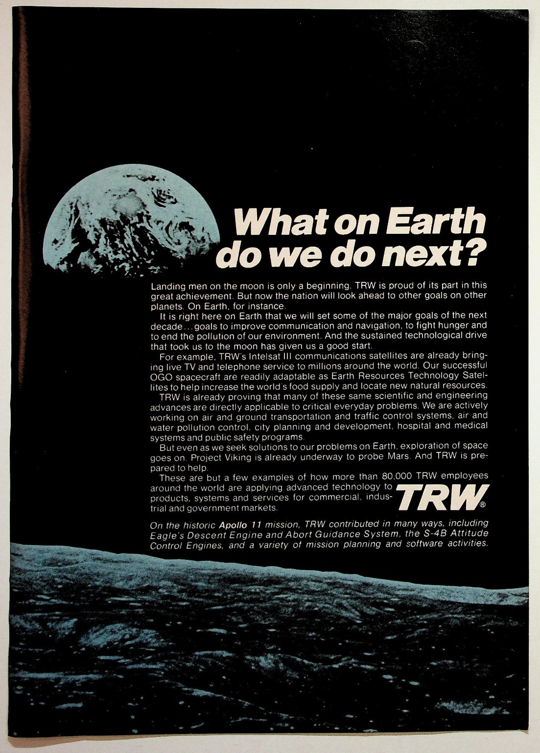 TRW Apollo 11 Moon Landing Space Ad Vintage 1969 Magazine Ephemera Earth TRW Apollo 11 Moon Landing Space Ad Vintage 1969 Magazine Ephemera Earth