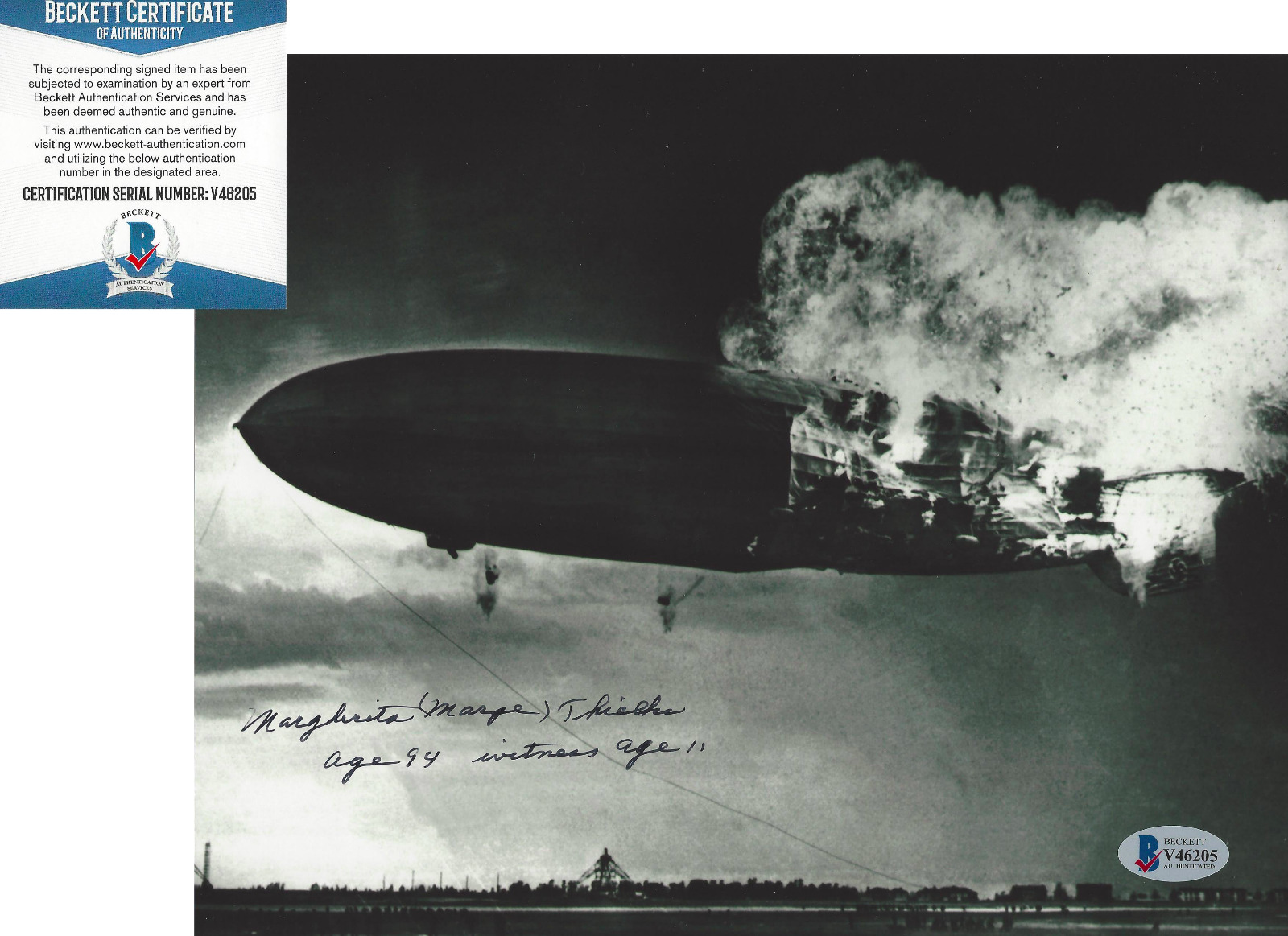 MARGE THIELKE 1937 HINDENBURG DISASTER WITNESS SIGNED 8x10 PHOTO C BECKETT COA