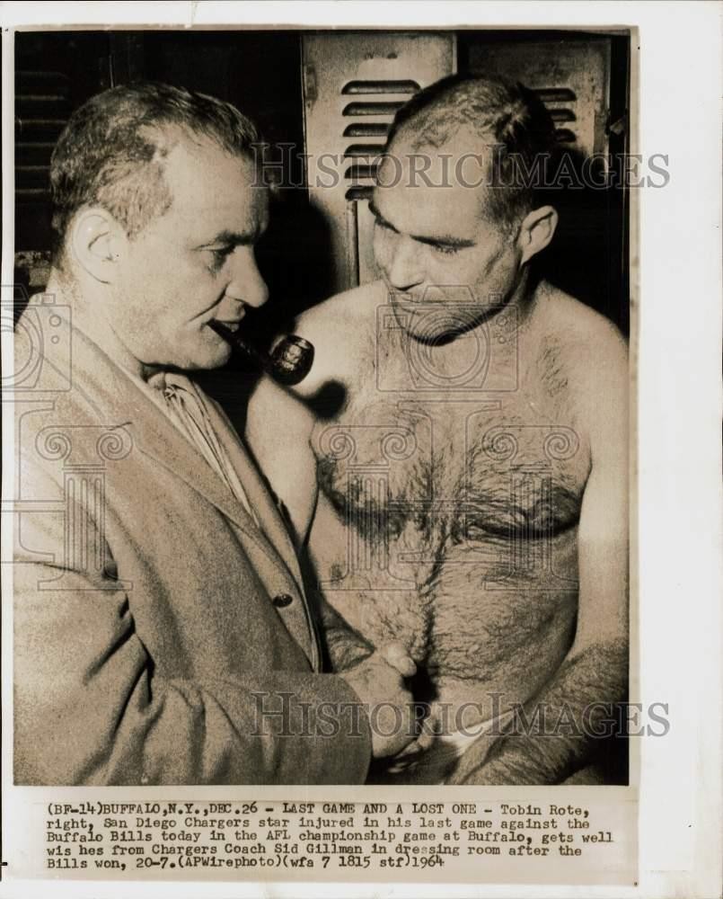 1964 Press Photo Chargers Sid Gillman bids farewell to retiring Tobin Rote. 1964 Press Photo Chargers Sid Gillman bids farewell to retiring Tobin Rote.