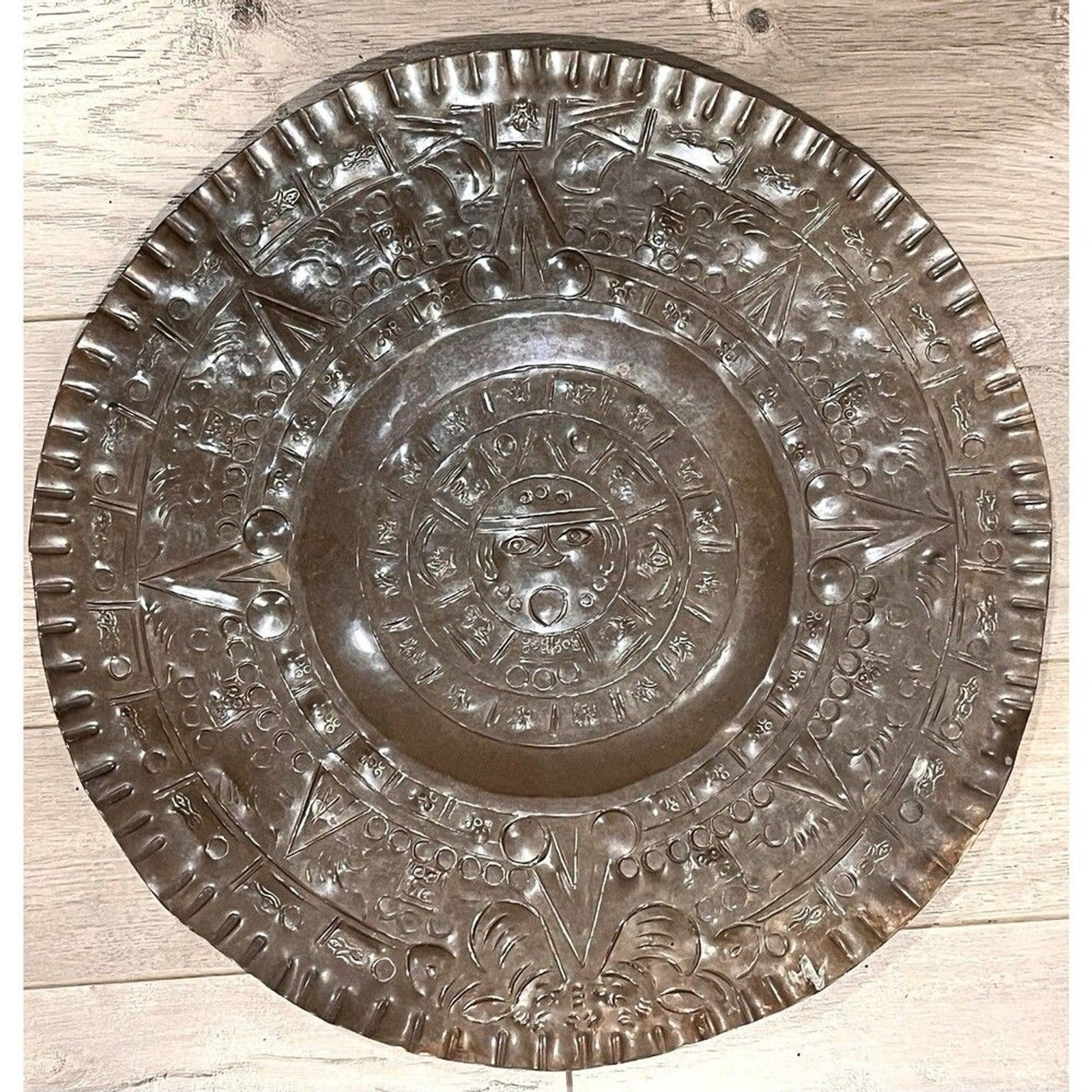 Vintage Hammered Mexican Copper Aztec Mayan Sun Calendar Wall Plate Handcrafted Vintage Hammered Mexican Copper Aztec Mayan Sun Calendar Wall Plate Handcrafted