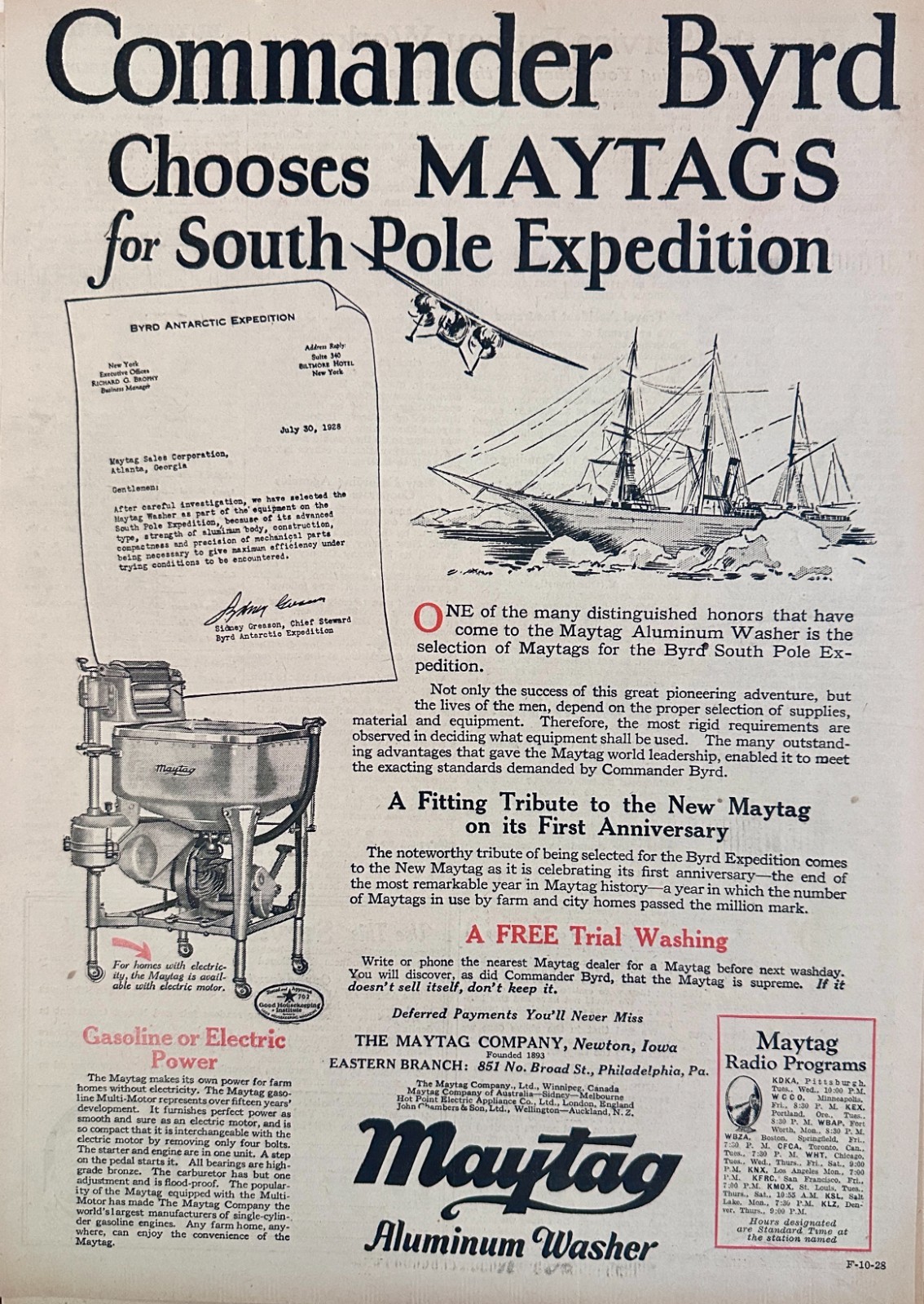 1928 Commander Byrd Chooses MAYTAG for South Pole Expedition Ad #2234 1928 Commander Byrd Chooses MAYTAG for South Pole Expedition Ad #2234