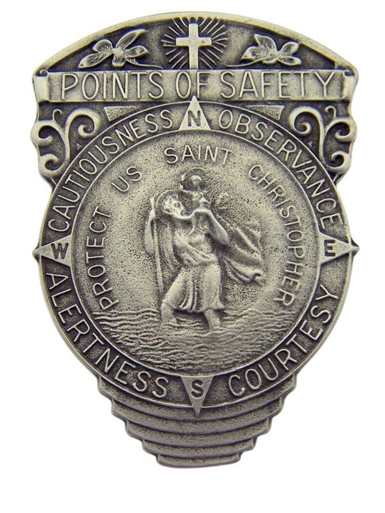 Pewter Saint Christopher Points of Safety 4-Way Visor Clip, 2 1/2 Inch