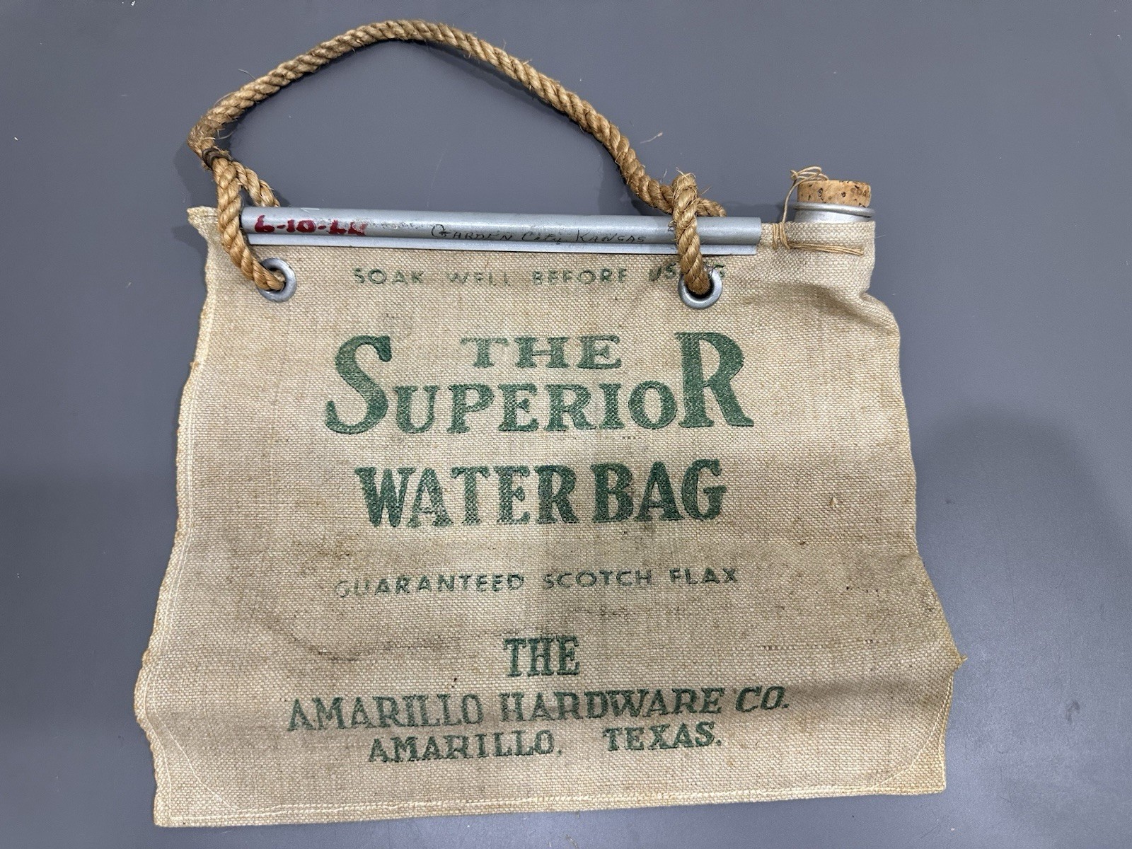 Vintage The Superior Water Bag “The Amarillo Hardware Co” Canvas Scotch Flax