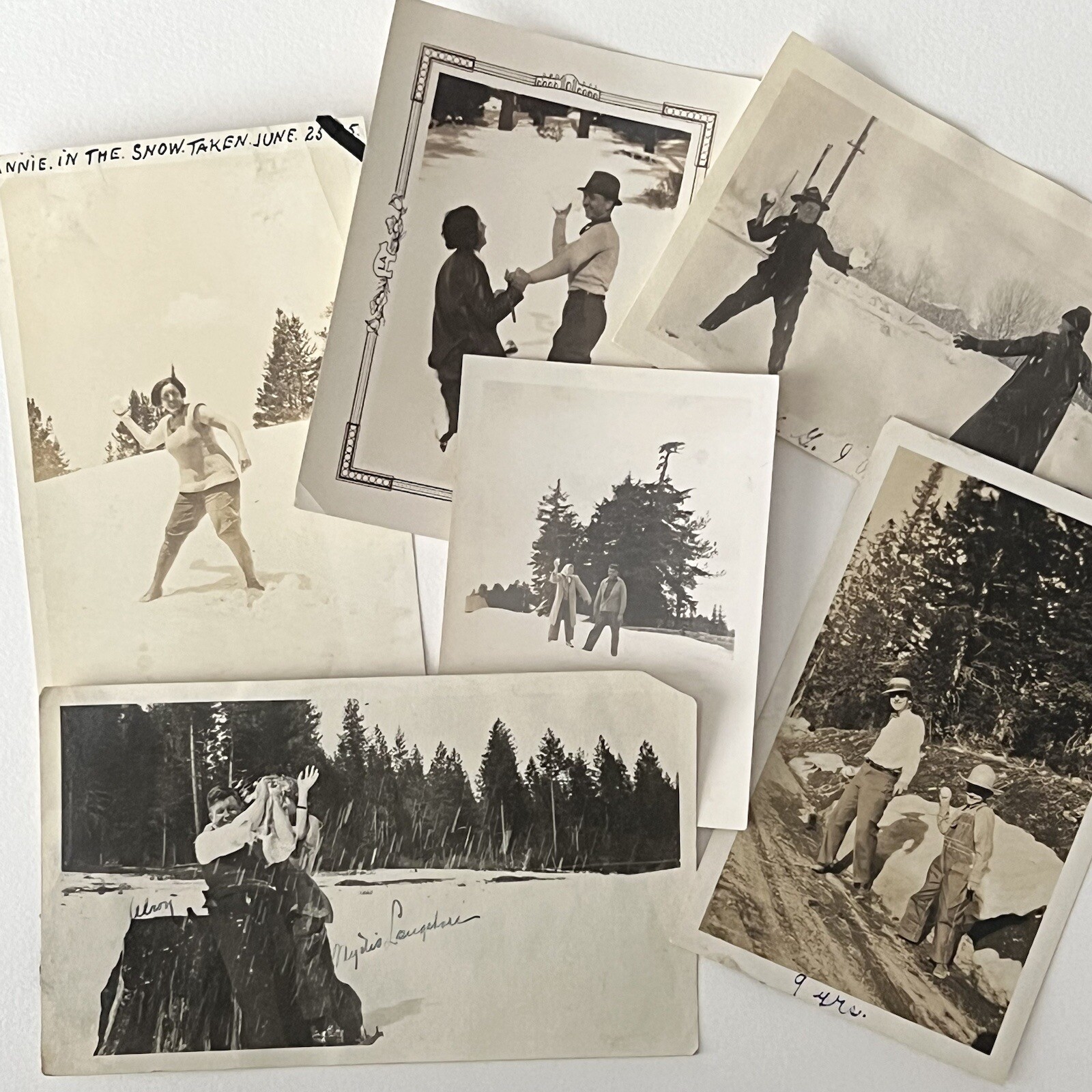 Antique/Vintage B&W/Sepia Snapshot Photograph Lot of 6 Snow Ball Fight Odd Fun