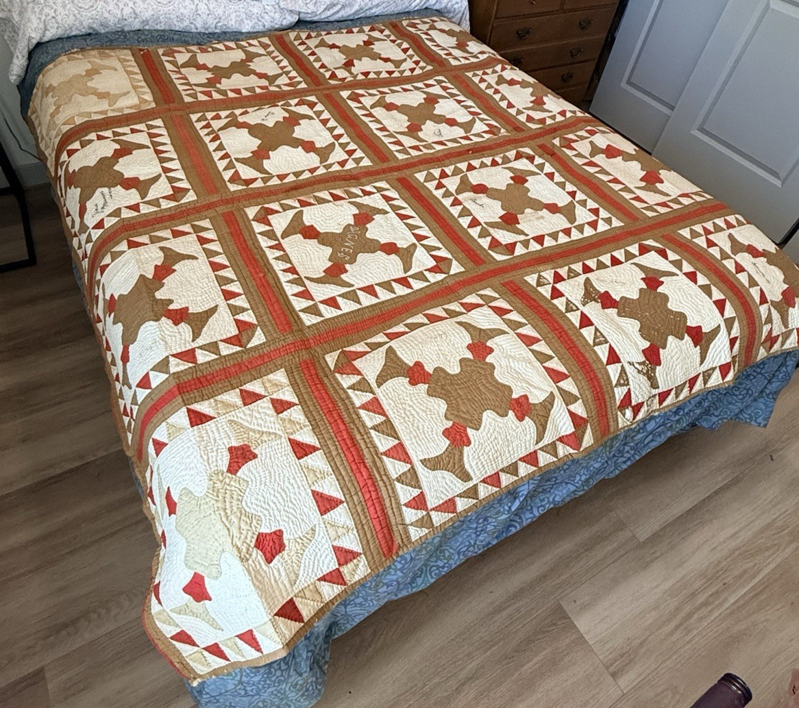 Antique Handmade Patchwork Friendship Quilt - Stitched Names, Dated 1898, 80x69 Antique Handmade Patchwork Friendship Quilt - Stitched Names, Dated 1898, 80x69