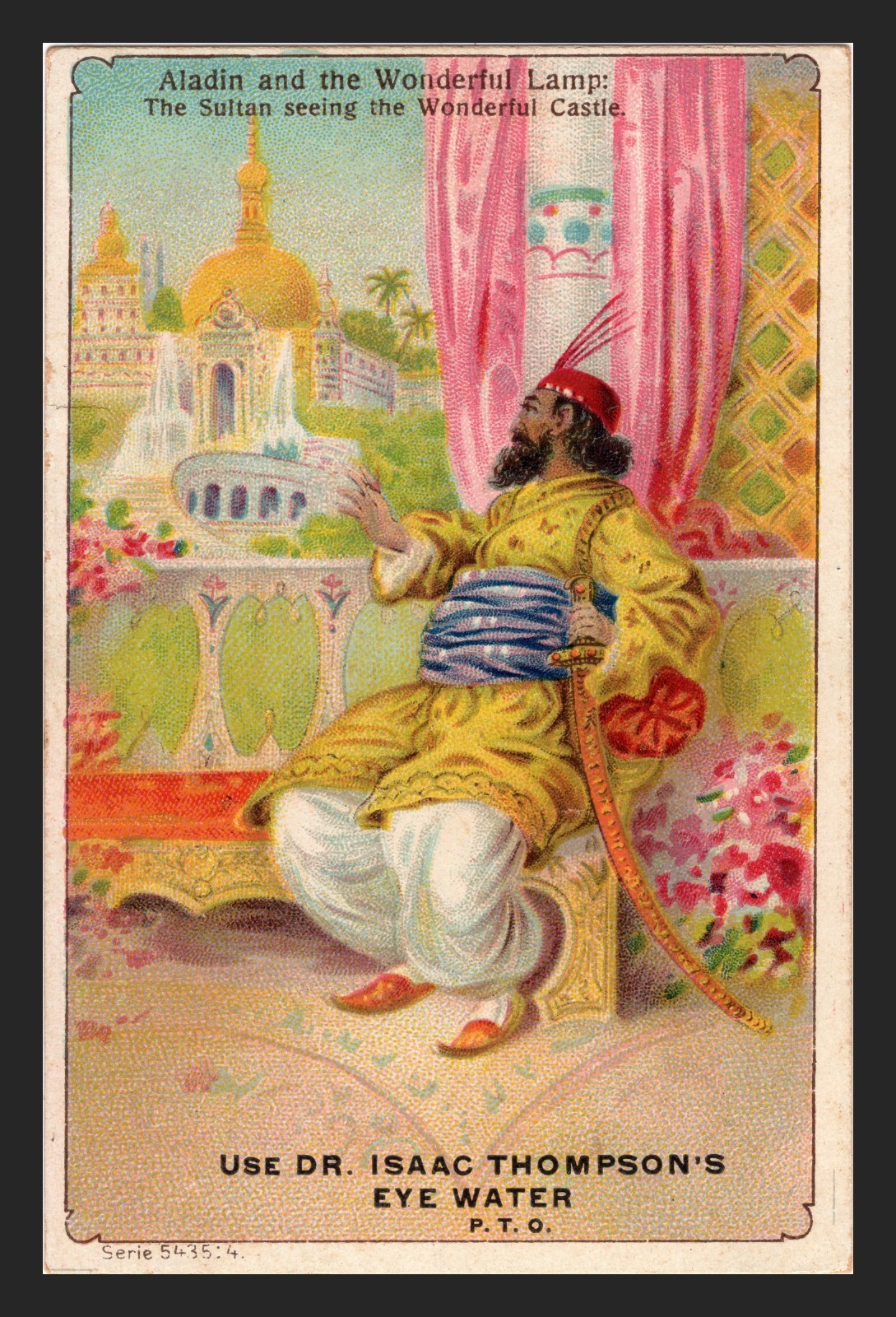 1890s Victorian Trade Card Dr Isaac Thompson's Eye Water Troy NY Aladdin Sultan