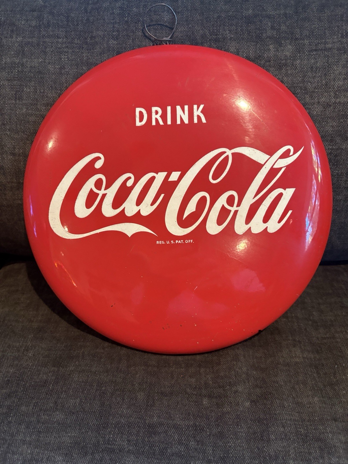 RARE🇺🇸ORIGINAL 1950s VINTAGE 12” COCA-COLA BUTTON METAL SIGN A-M 8-52 👀LQQK👀 RARE🇺🇸ORIGINAL 1950s VINTAGE 12” COCA-COLA BUTTON METAL SIGN A-M 8-52 👀LQQK👀