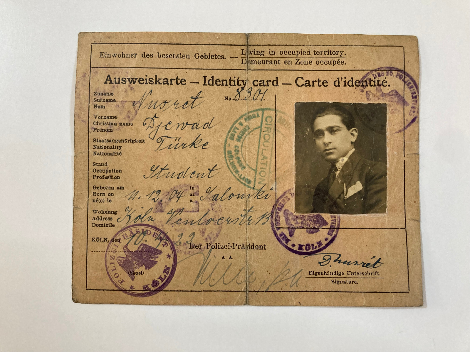 Ausweiskarte (German Identity Card) Turkish Person 1920s Old Ephemera
