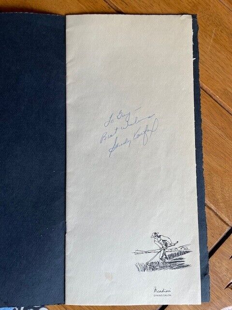 Sandy Koufax Personnal Autographed Dinning Room Menu