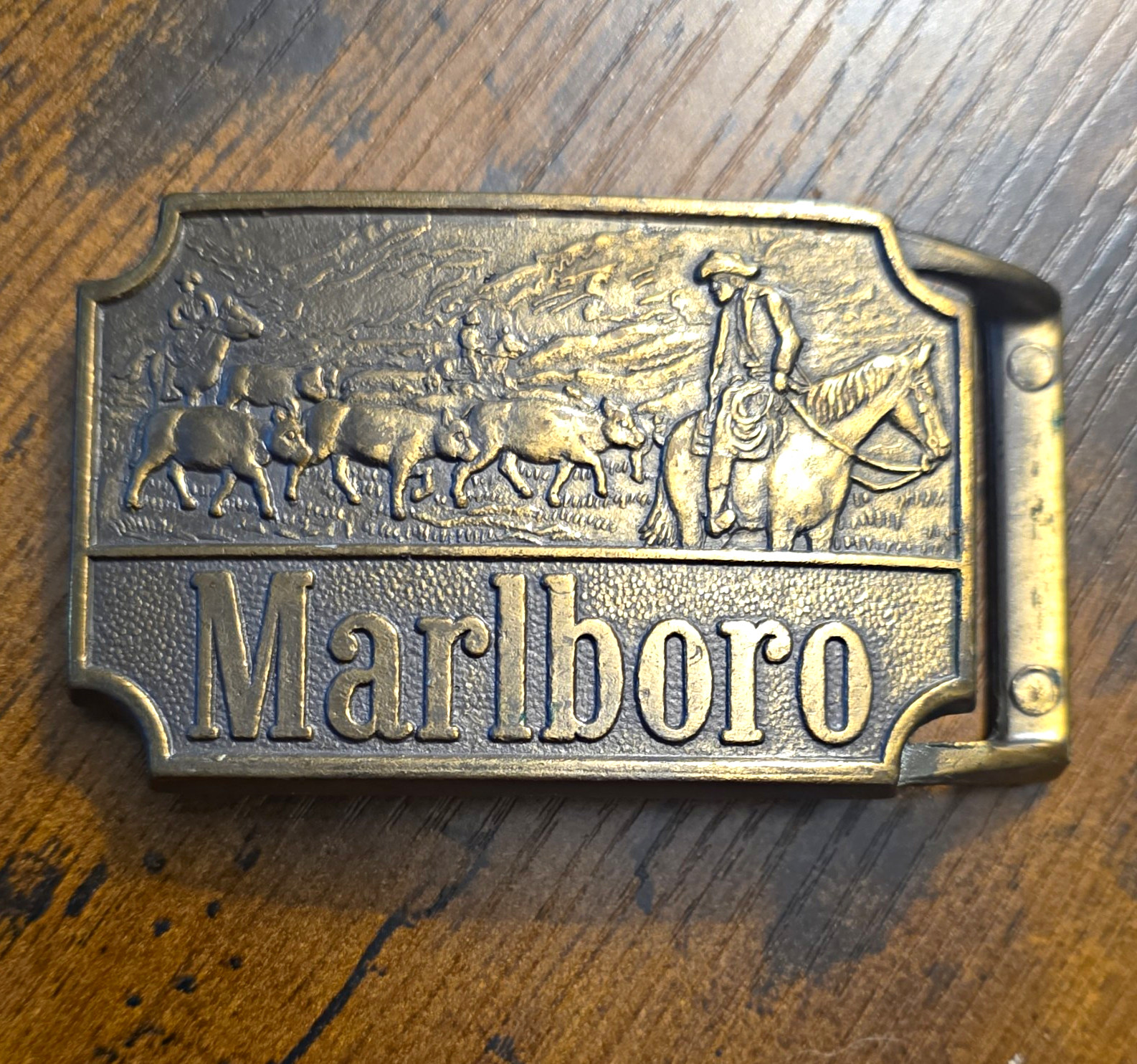 Vintage 1970s Brass Marlboro Cowboy Cattle Drive Belt Buckle Vintage 1970s Brass Marlboro Cowboy Cattle Drive Belt Buckle