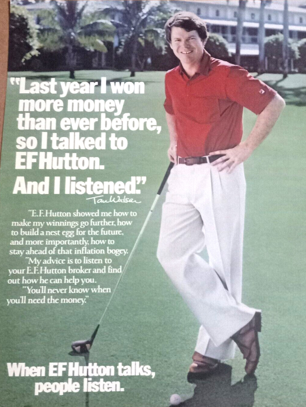 1981 print ad - TOM WATSON golf golfer EF Hutton financial Advertising page
