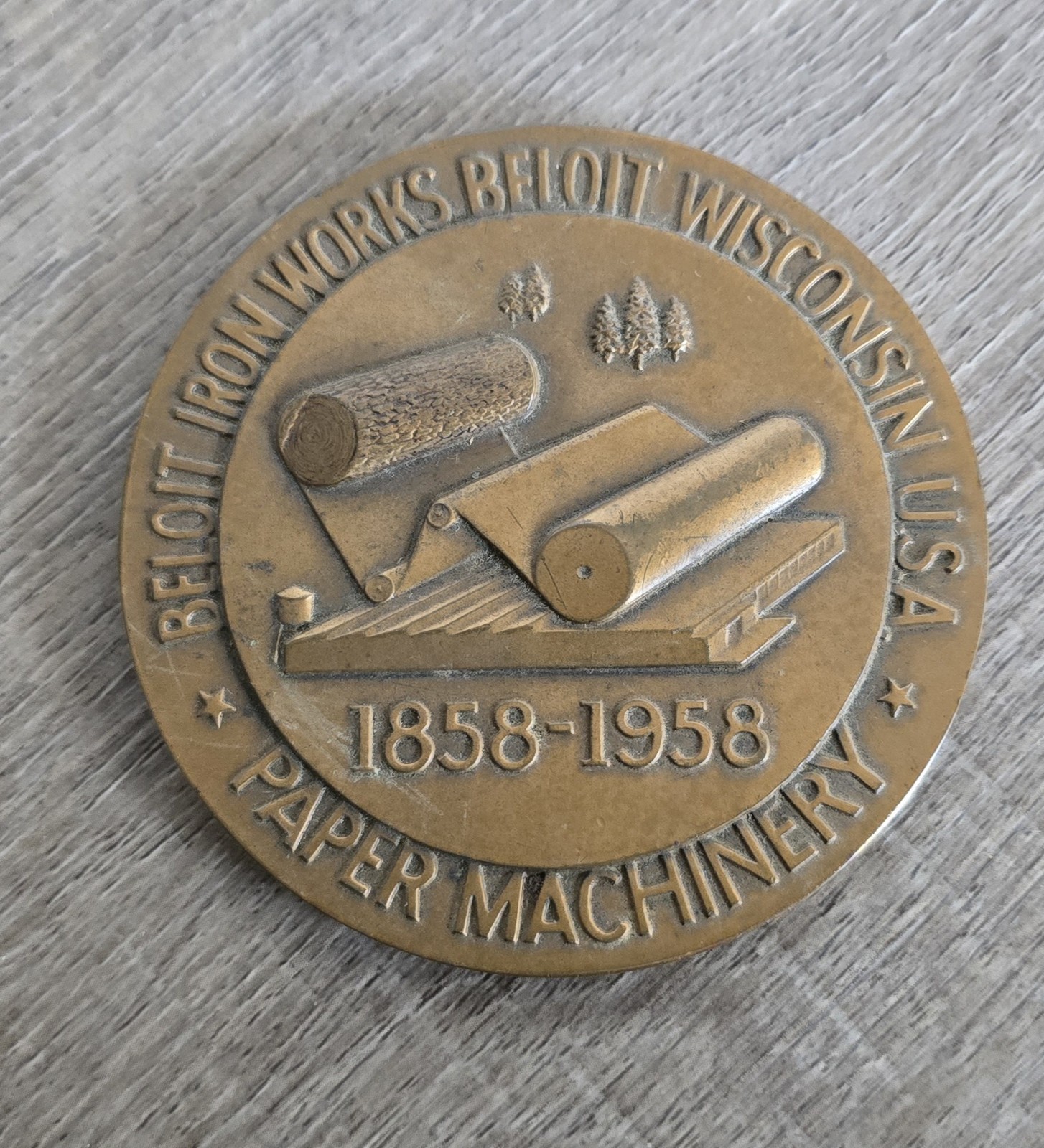 Vintage 1958 Beloit Iron Works Centennial Bronze-Tone Paper Machinery Medallion