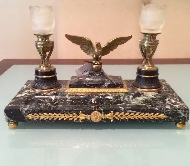 Antique Vintage 19C Gilt Bronze Mouted Marble Base Pen Tray Eagle Candelabra