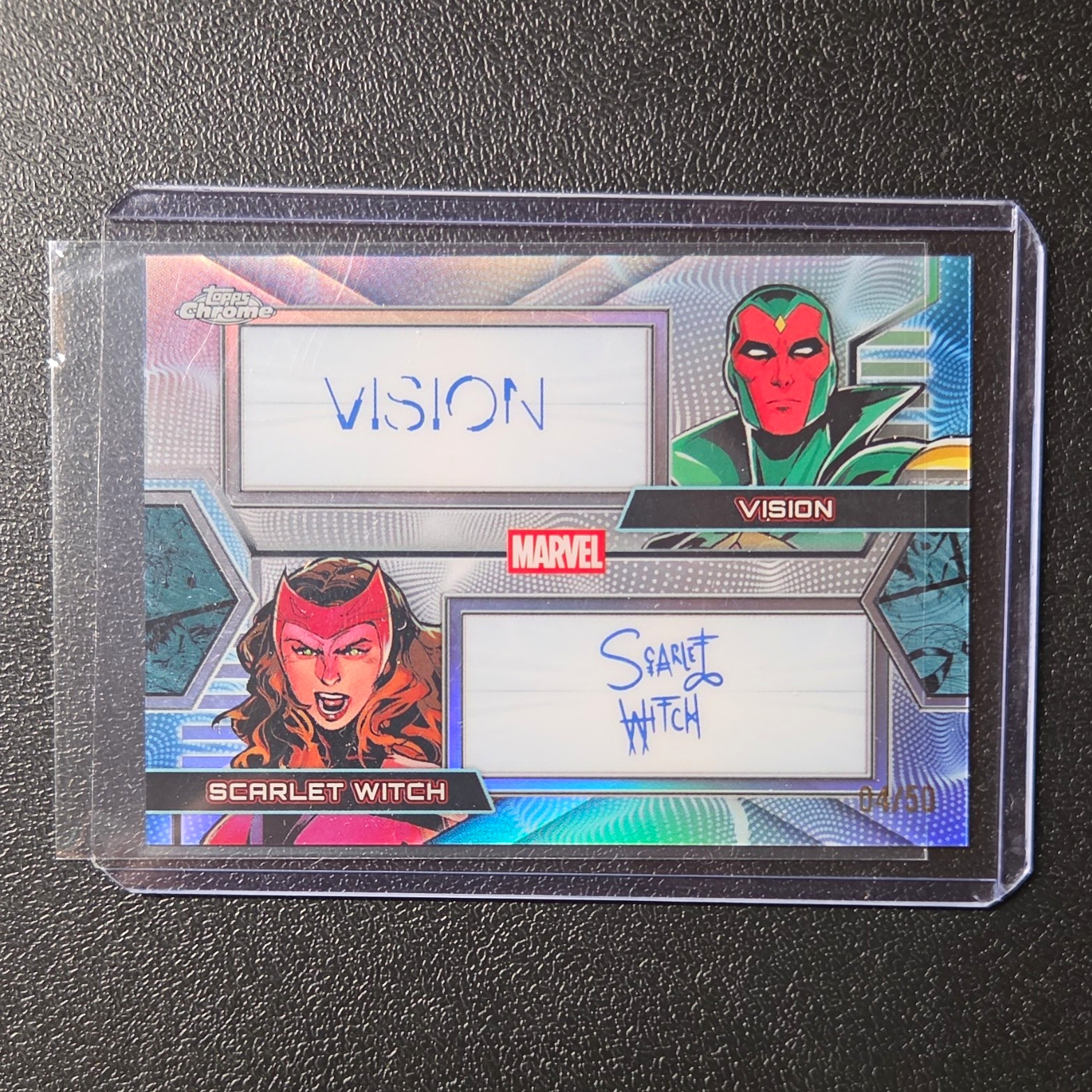 Topps 2026 Chrome Marvel Facsimile Dual Auto Vision/Scarlet Witch #/50 Topps 2026 Chrome Marvel Facsimile Dual Auto Vision/Scarlet Witch #/50