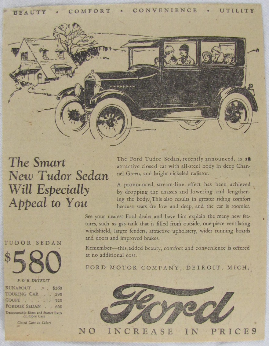 Vintage 1925 FORD Tudor Sedan Car Newspaper Print Ad Vintage 1925 FORD Tudor Sedan Car Newspaper Print Ad
