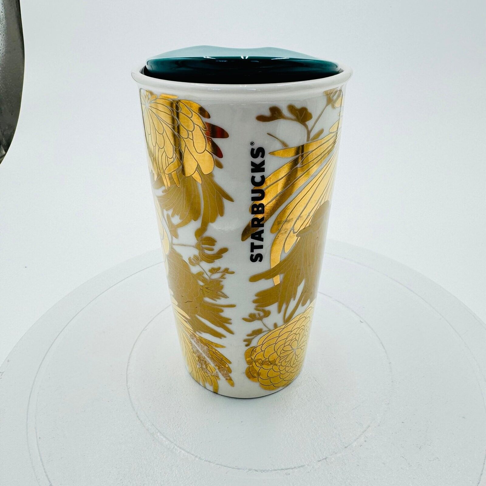 Starbucks 2014 green dot collection gold scarab 12oz ceramic tumbler with lid