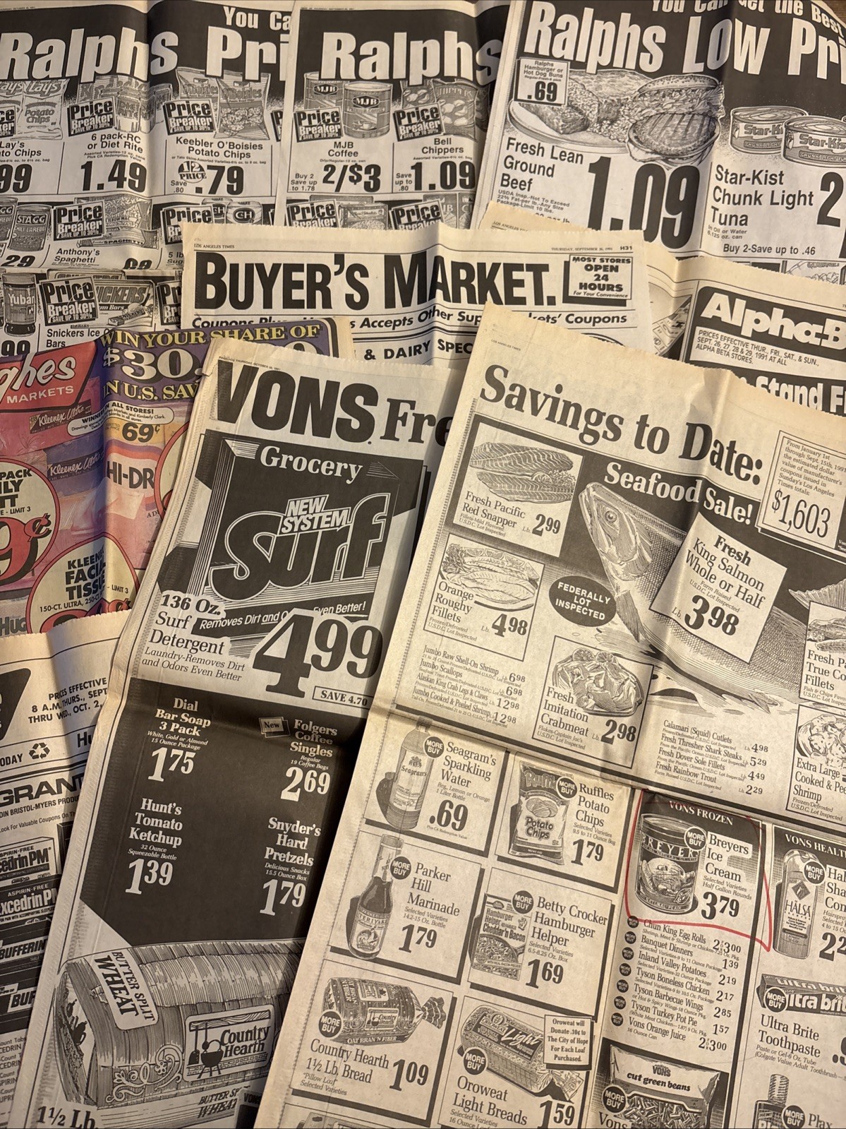 Vintage 1991 Southern California Grocery Store Newspaper Ad Lot - Food Ephemera