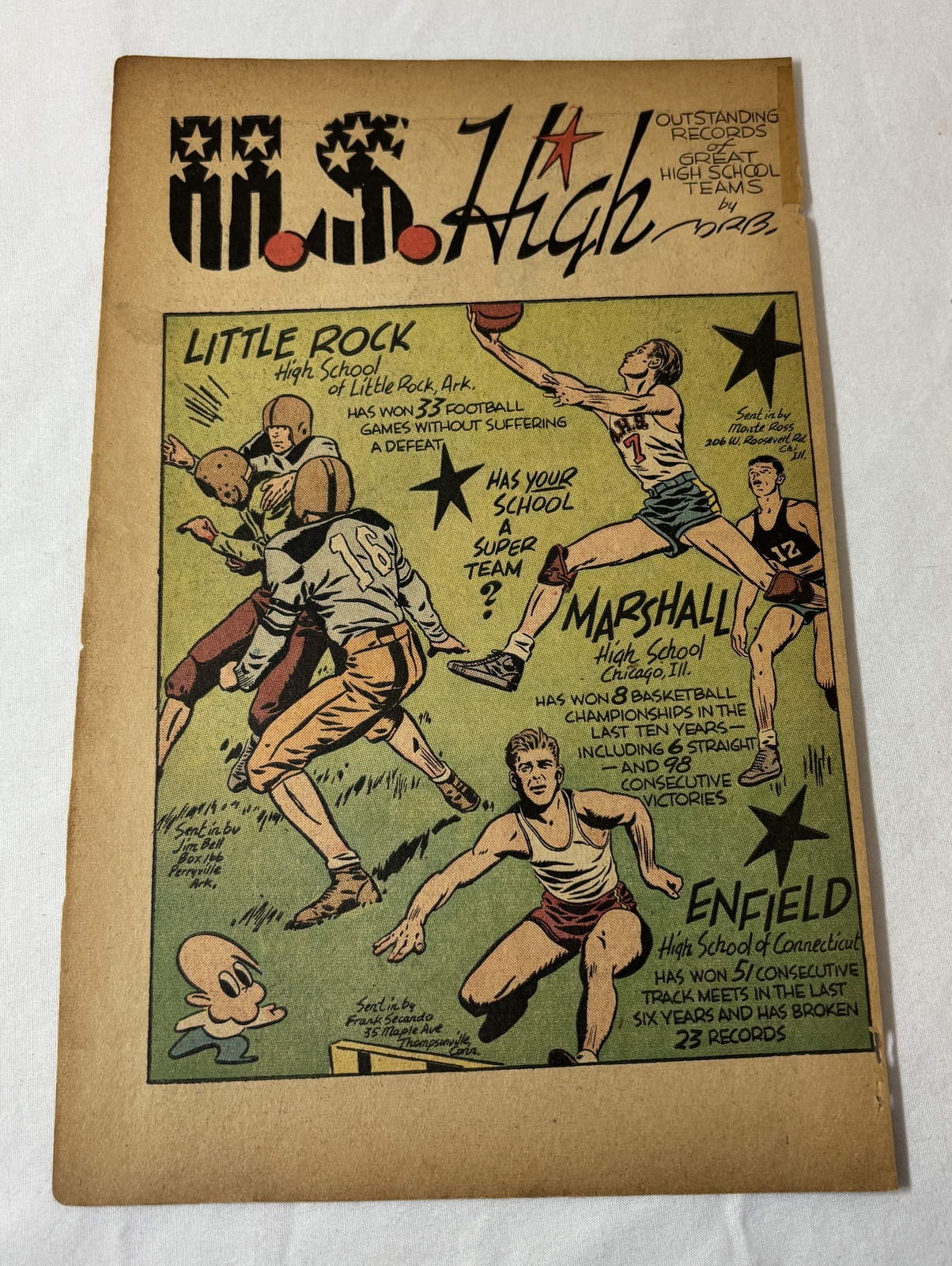 1949 cartoon page~ LITTLE ROCK HIGH,AR + MARSHALL HIGH Chicago + ENFIELD HIGH,CT