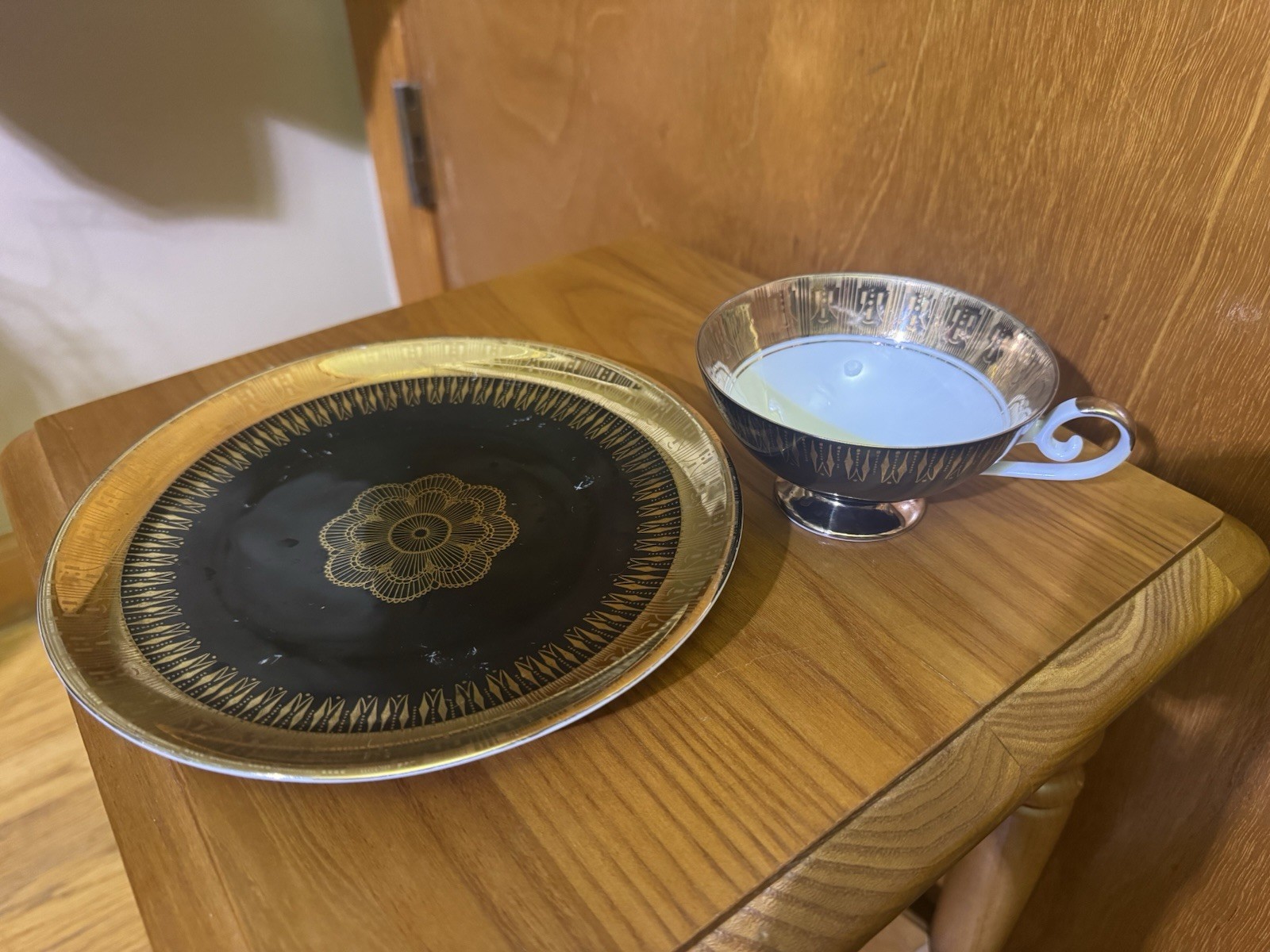 VTG Eberthal Bavaria Porcelain Tea Cup & 8” Round Plate Black & Gold VTG Eberthal Bavaria Porcelain Tea Cup & 8” Round Plate Black & Gold