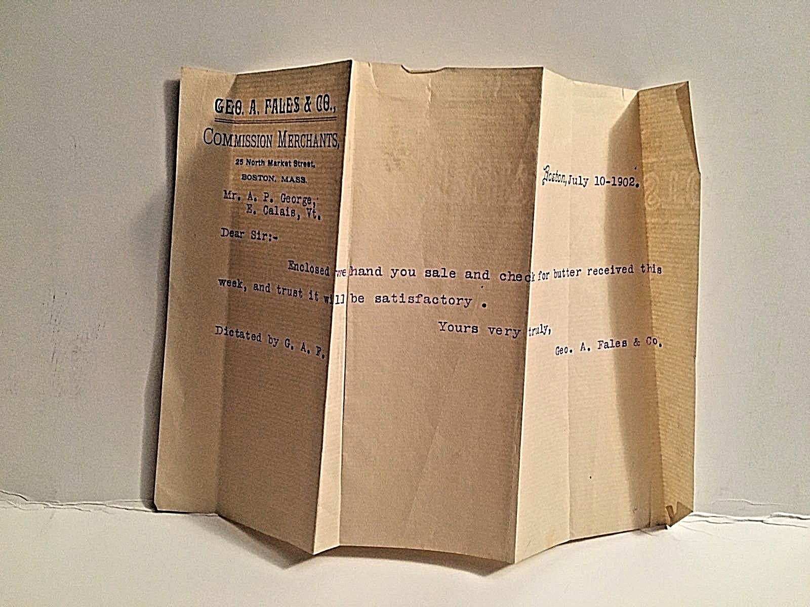 1902 Letter from Owner of Geo. A, Fales & Co. Commission Merchants, MA Z3 1902 Letter from Owner of Geo. A, Fales & Co. Commission Merchants, MA Z3