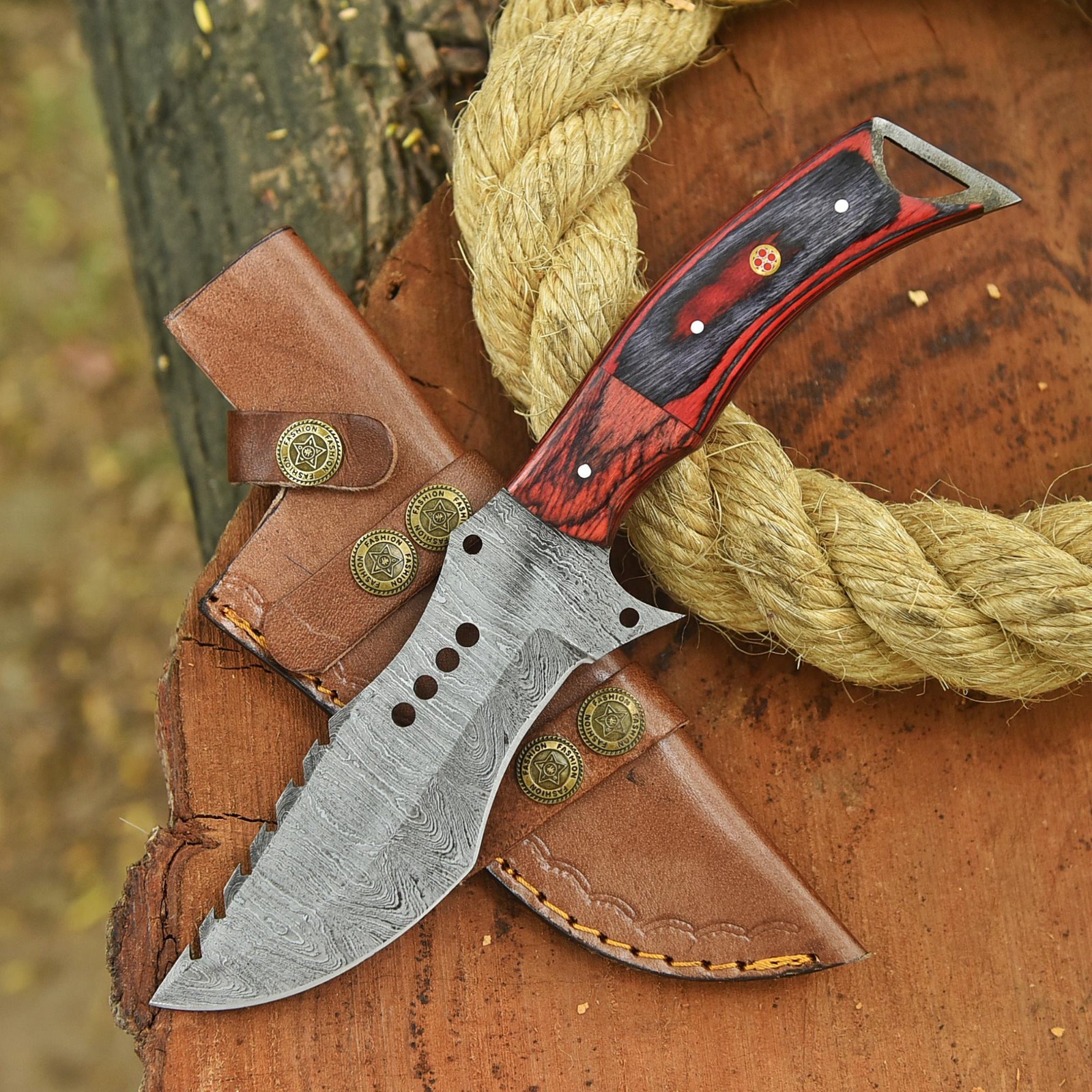 Hand Forged Damascus Tracker Knife Decorative Hole Blade Wooden Handle Sheath