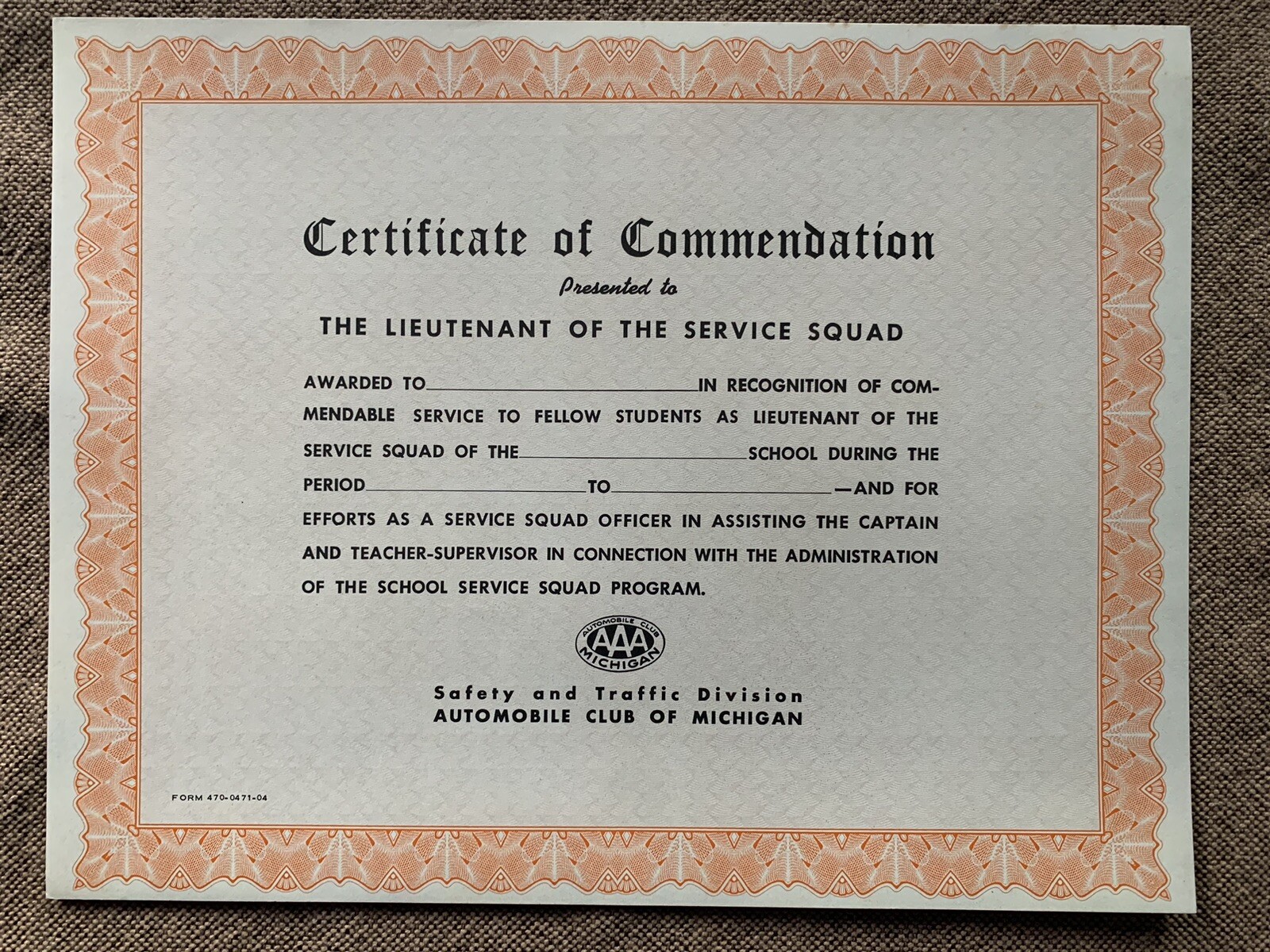 Vintage AAA Lieutenant Of Service Squad Certificate Automobile Club Of Michigan Vintage AAA Lieutenant Of Service Squad Certificate Automobile Club Of Michigan