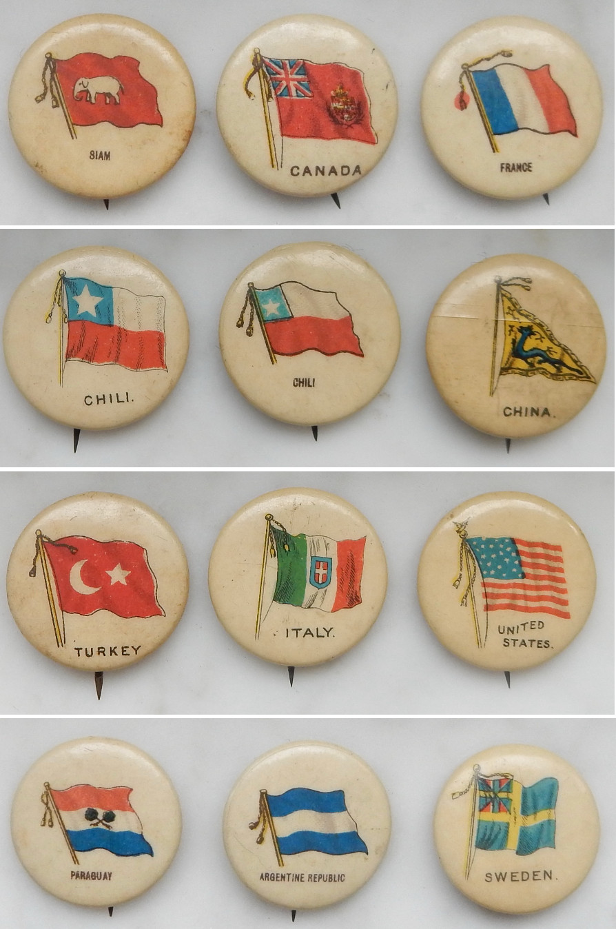 Vintage 1890s Set of 12 Country Flags Sweet Caporal Cigarette Pinback Buttons