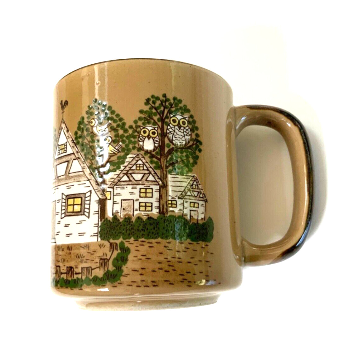 Otigari Japan Mug Vintage Owls In A Tree, Birds House Speckled Brown Rare Otigari Japan Mug Vintage Owls In A Tree, Birds House Speckled Brown Rare
